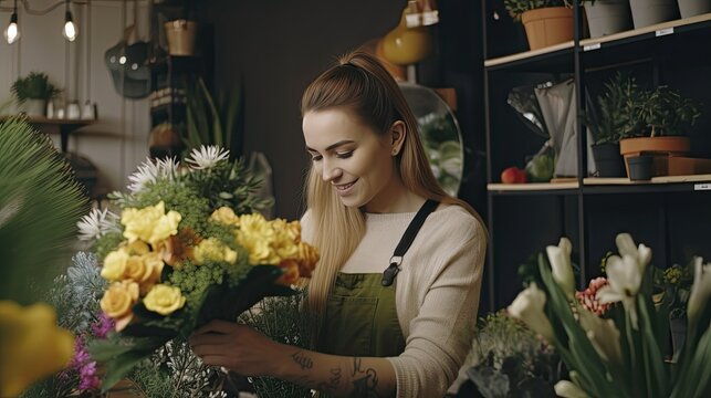  Cheerful flower arranger taking care of a plant in her shop