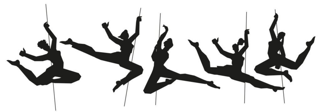 Pole dancers female silhouettes, vector illustration isolated on white background. Pole dance, form of dance and fitness. Outline of women bodies for sport design projects.