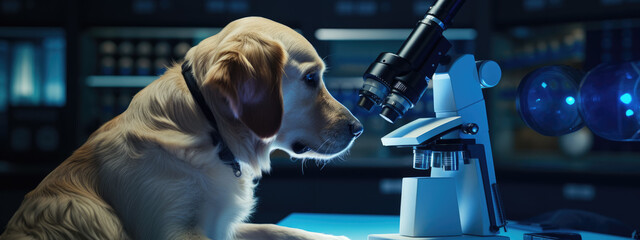 Serious dog scientist in a lab with a microscope - obrazy, fototapety, plakaty