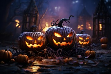 Halloween concept: spooky collection of jack o' lantern pumpkins. Presented in a scary scene. Generative AI.
