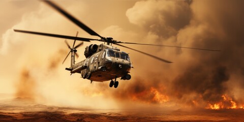 Fototapeta na wymiar Military Chopper Scene A Military Chopper Crossing Through Fire And Smoke In The Desert During An Extraction Mission Designed As A Wide Poster With Copy Space