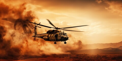 Military Chopper Scene A Military Chopper Crossing Through Fire And Smoke In The Desert During An Extraction Mission Designed As A Wide Poster With Copy Space