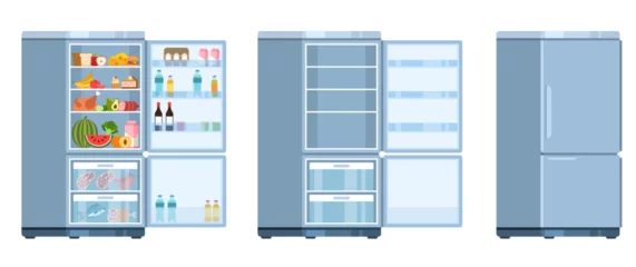 Zelfklevend Fotobehang Open and closed refrigerator with and without products. Kitchen electric equipment. Empty and full fridge. fruit and vegetables, meat and milk. Cartoon flat style isolated vector concept © YummyBuum