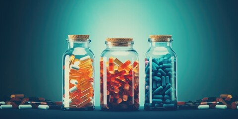 Pharmaceutical And Healthcare Concept Different Bills And Bottles Symbolizing Pharmaceutical And Healthcare Medication And Drug Research Labs With Room For Text - obrazy, fototapety, plakaty