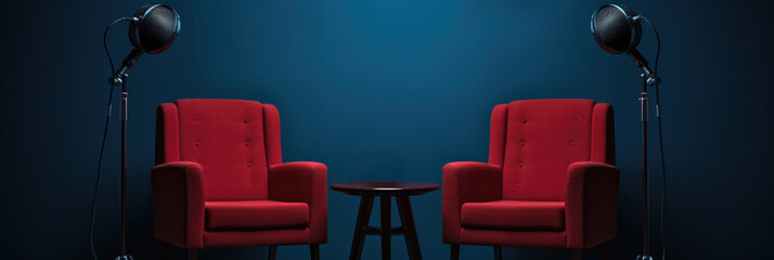 Podcast Or Interview Room Setup Two Chairs And Microphones Isolated On A Dark Background For Media Conversations Or Podcast Streams Offering Room For Text - obrazy, fototapety, plakaty
