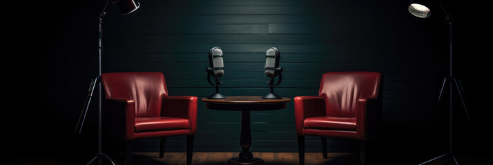 Podcast Or Interview Setup Two Chairs And Microphones In A Podcast Or Interview Room On A Dark Background Suitable As For Media Conversations Or Podcast Streamers