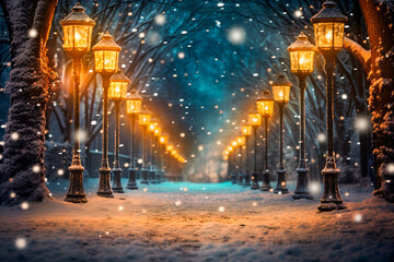 background of a snowy road with streetlights on the edge in christmas. Cold and winter background illuminated at night - obrazy, fototapety, plakaty