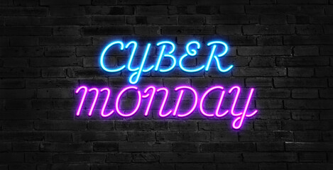 Obraz premium Cyber Monday concept banner in fashionable neon style, luminous signboard, nightly advertising of sales rebates of cyber Monday. Vector illustration for your projects. Editing text neon sign.