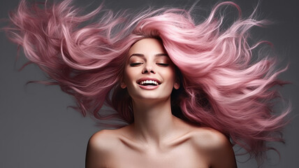 Obraz premium Lively pink hair on a gray background.