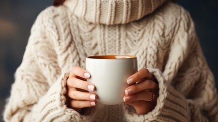 Woman in cozy sweater holding hot drink - obrazy, fototapety, plakaty