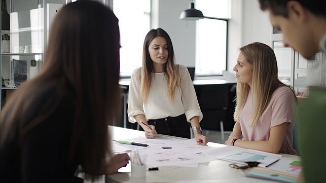  Female designer having a meeting with her team in an office