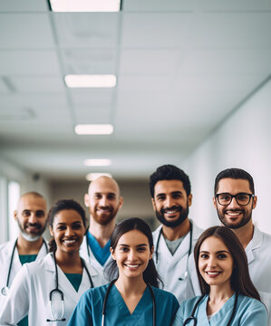 A group of doctors and nurses smiling in a hospital - vertical image