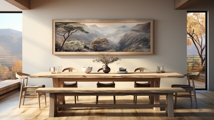 Interior design of a modern dining room with a dining table and rustic wooden bench with a large art poster frame
