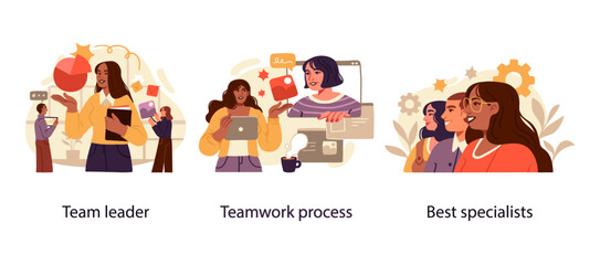 Business Concept illustrations. Scenes with men and women taking part in business activities. Vector illustration