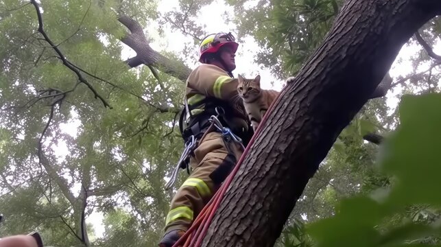  Firefighters Rescuing Kitten Stuck on a Tall Tree