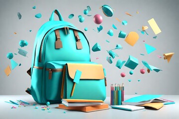 Turquoise backpack, school bell and different stationery flying on light grey background