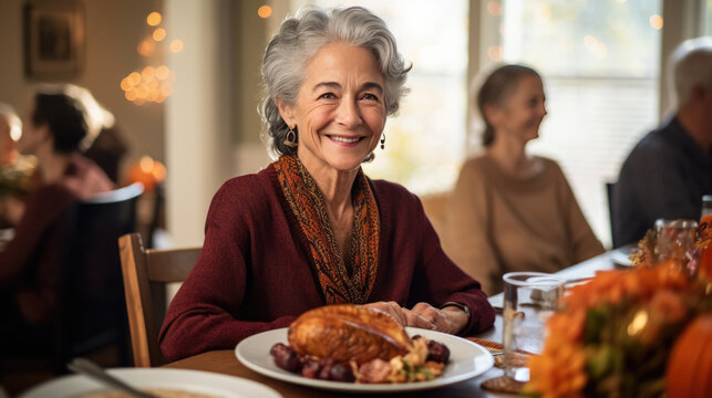 Portrait Of A Senior Woman During Thanksgiving Dinner With Her Family