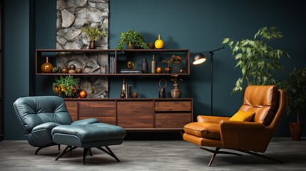 Interior design of a modern living room with a dark blue sofa and recliner chair in a Scandinavian apartment