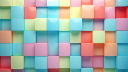 Abstract bright geometric pastel colors colored 3d gloss texture wall with squares, triangle, and rectangles background banner illustration panorama long, textured wallpaper