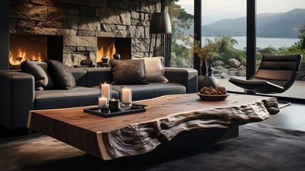 Interior design of a modern living room with a live-edge wooden accent coffee table near a sofa, close up