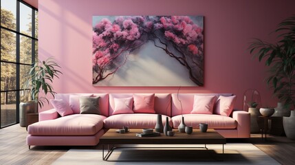 Interior design of a modern living room with a pink sofa
