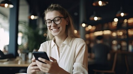  Happy female entrepreneur smiling with digital tablet and smartphone in her cafe