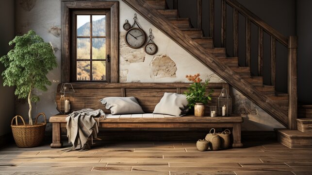 Interior design of a modern rustic entrance hall with a door in a cozy hallway with a beam ceiling and wooden wall decor in a farmhouse
