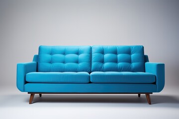Minimalist Marvel Studio shot of a blue sofa on a carpet isolated on white background