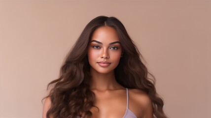 Naklejka premium Portrait of a beautiful brunette african woman with long wavy hair.