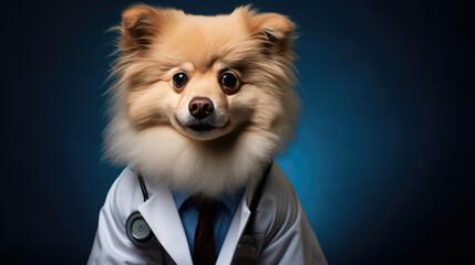 Serious dog in a white coat as a doctor