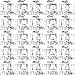 Hand drawn seamless pattern with elements for Oktoberfest in Germany: bread, sausage, mug with beer, glass with beer, leaves, music note, cakel. Vector illustration.