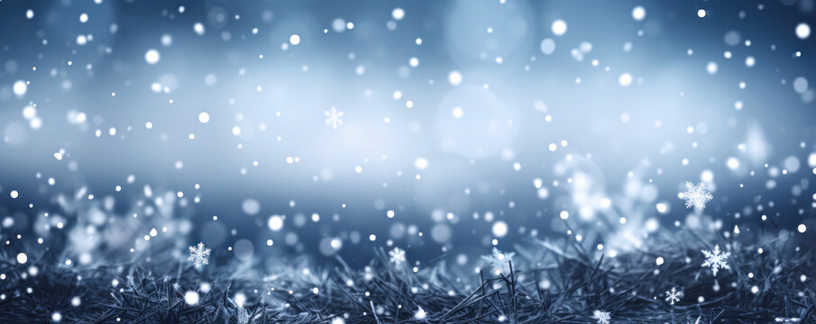 blurred winter background with falling snow, banner with copy space for christmas design