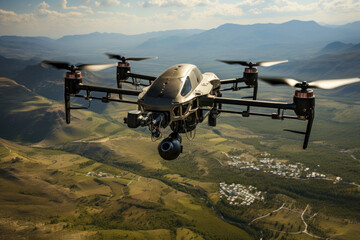 Modern technologies in war and army. using aerial drone for artillery guidance and scouting view enemy positions