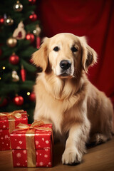 dog near the Christmas tree. New Year's pets. happiness, celebration and fun. furry animals next to a box, a gift.