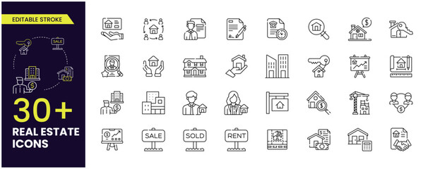 Real Estate editable stroke icons Collections. Home, property, rental, home loan, sold, sale, rent mortgage, building, agent, plan, relator, renovation, and house sale. Vector Icons collections