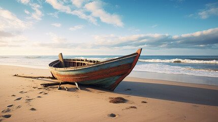 A wooden fishing boat resting on the shore - Powered by Adobe