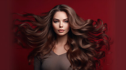 Fototapeta premium Portrait of a beautiful brunette woman with long wavy hair