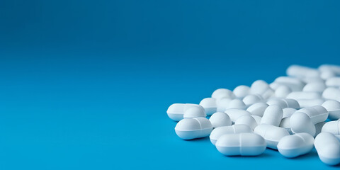 White pills from plastic medicine bottle on blue background.