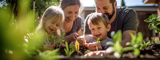Poster de jardin Jardin Family with children are gardening by caring for plants in their backyard