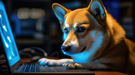 Cute dog looking at laptop