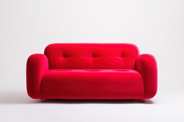 Minimalist Marvel Studio shot of a red sofa on a carpet isolated on white background