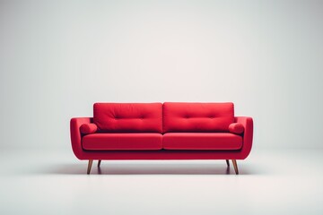 Minimalist Marvel Studio shot of a red sofa on a carpet isolated on white background - obrazy, fototapety, plakaty
