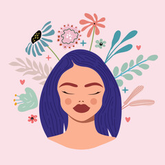 World mental health day illustration.Illustration of female head with flowers hand drawn.