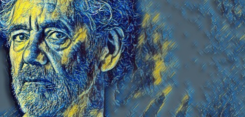 Paintography or sketch graphics illustration portrait of an attractive older Caucasian man with grey hair and beard. Turned to the right side with a serious or pensive expression. Off center. - obrazy, fototapety, plakaty