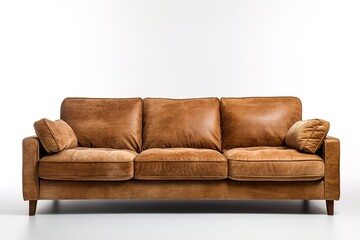 Minimalist Marvel Studio shot of a brown sofa on a carpet isolated on white background