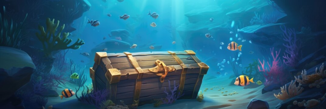 An Underwater Scene Featuring A Treasure Chest Submerged In The Ocean Presented As A Work Of Art