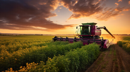 Fototapeta premium A tractor is spraying a soybean field during sunset