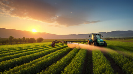 A tractor is spraying a soybean field during sunset