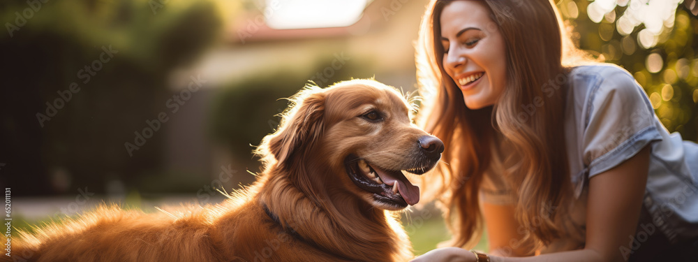 Poster happy woman and her dog outdoors in the summer