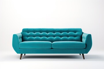 Minimalist Marvel Studio shot of a turquoise sofa on a carpet isolated on white background